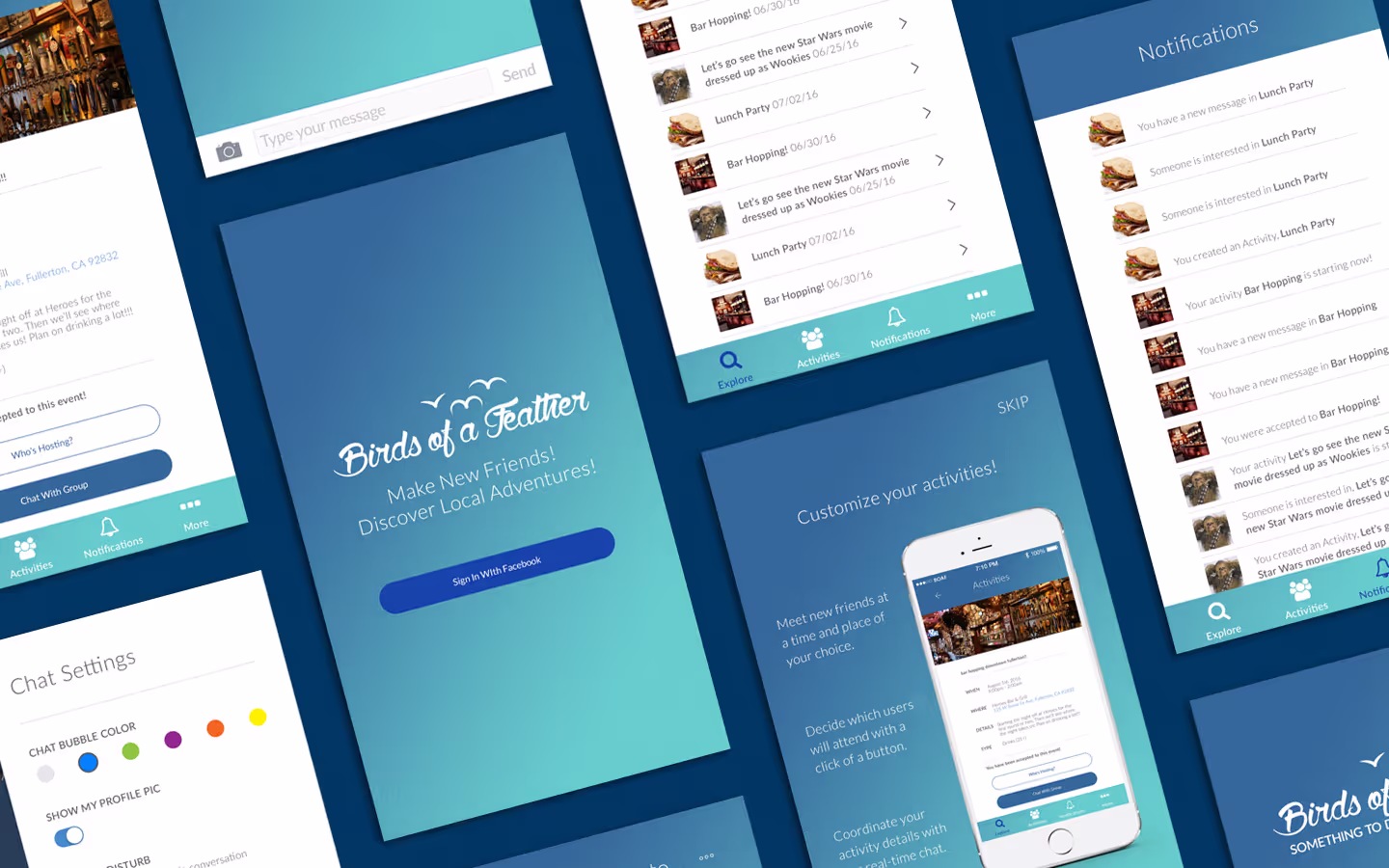 Screenshots of a social networking application called "Birds of a Feather."