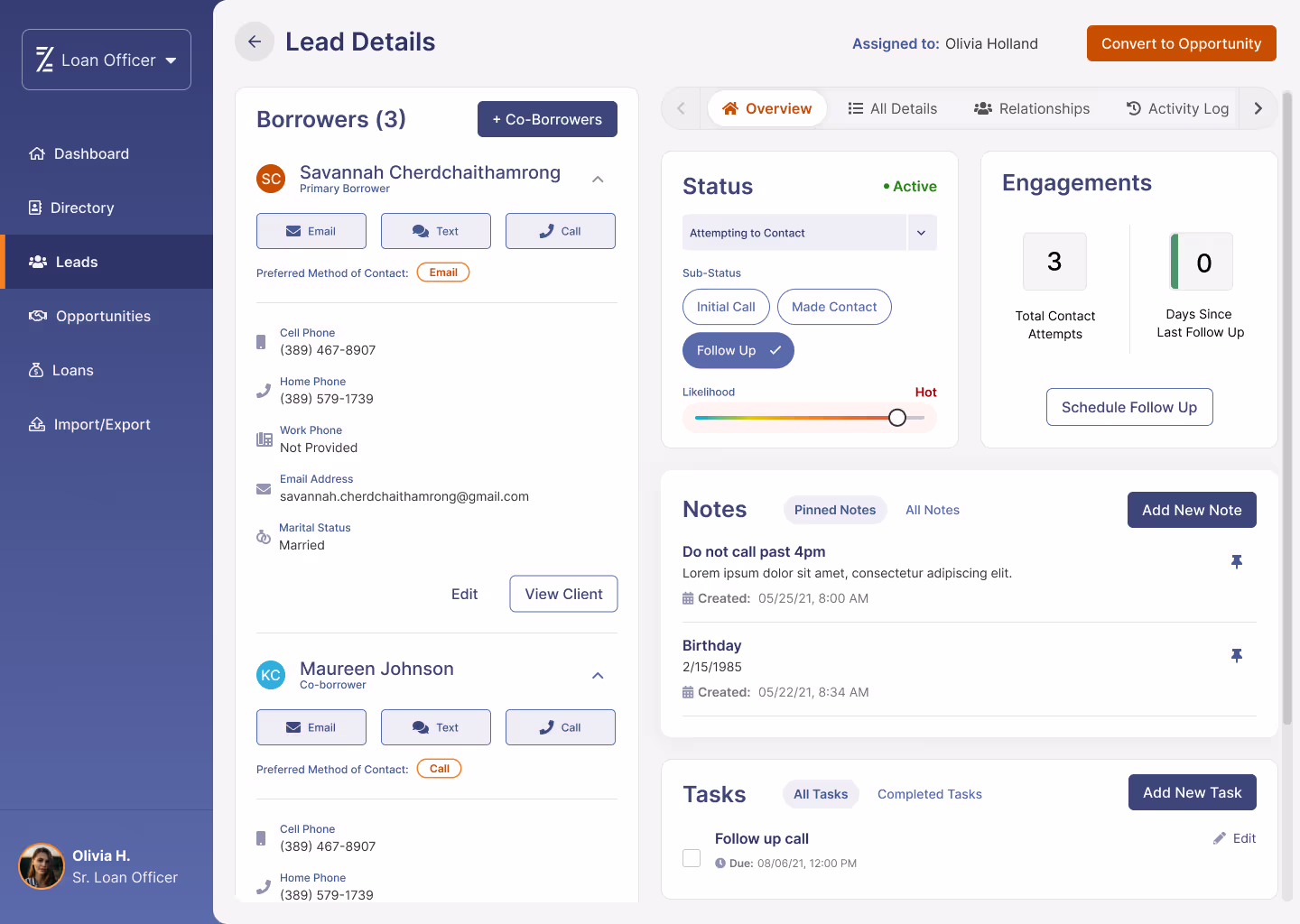 A screenshot of an opportunity pipeline in a loan officer's customer relationship management software, showing the details of a lead.