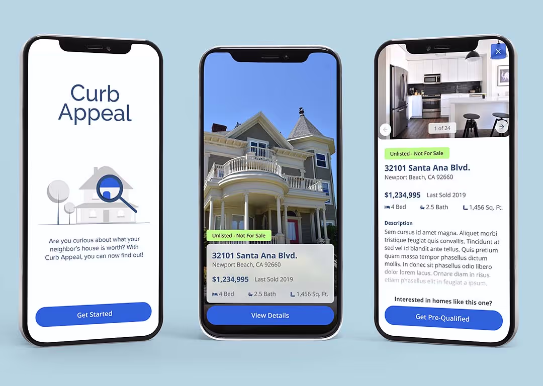 Mobile phones showing different screenshots of an app called "Curb Appeal" which lets users point their mobile camera at a home to pull up public listing information about it.