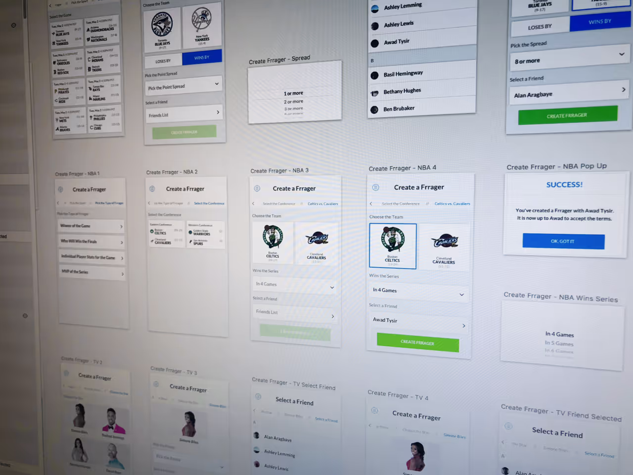 Screenshot showing multiple screens and states of a sports betting app called "Frrager."