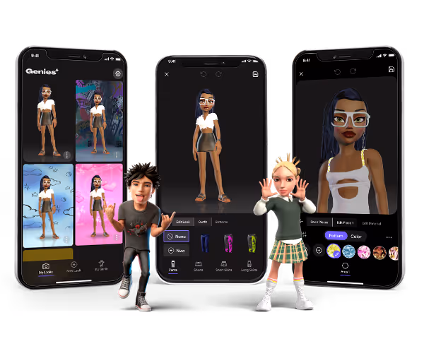 Three phones showing screens from the final redesign of the Genies Studio app. Two 3-dimensional "genies" avatars stand in front of the phones.