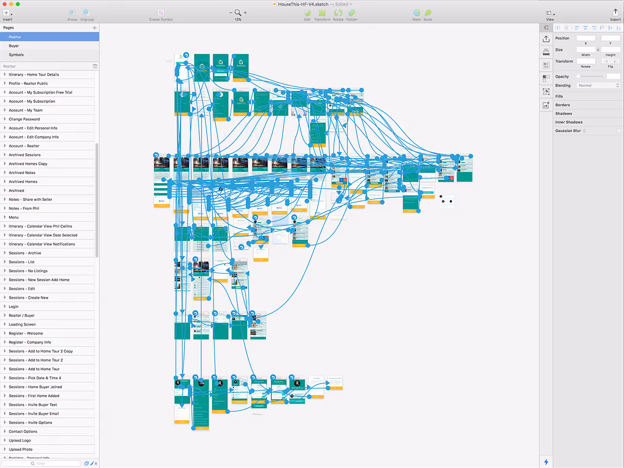 A screenshot of the design file showing all of the connections and interactions for a Real Estate planning app called "House This."