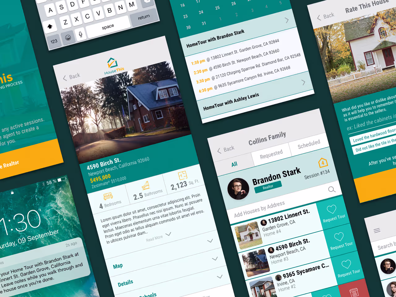 Multiple screens of a Real Estate planning app called "House This."