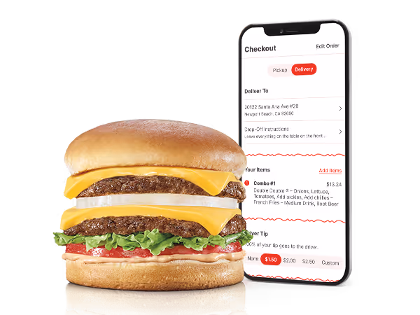 A preview of the ordering and checkout screens on two mobile phones with a cheeseburger placed in front of the phones.