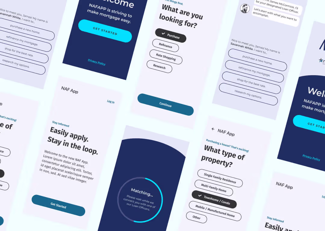 Screenshots of multiple mobile phone screens of a step-by-step mortgage application.
