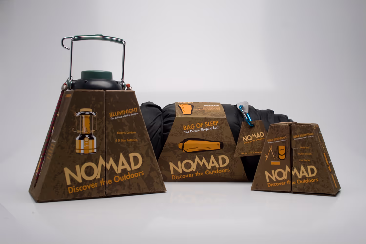 Package design project for a fictional camping gear company named Nomad. School project.