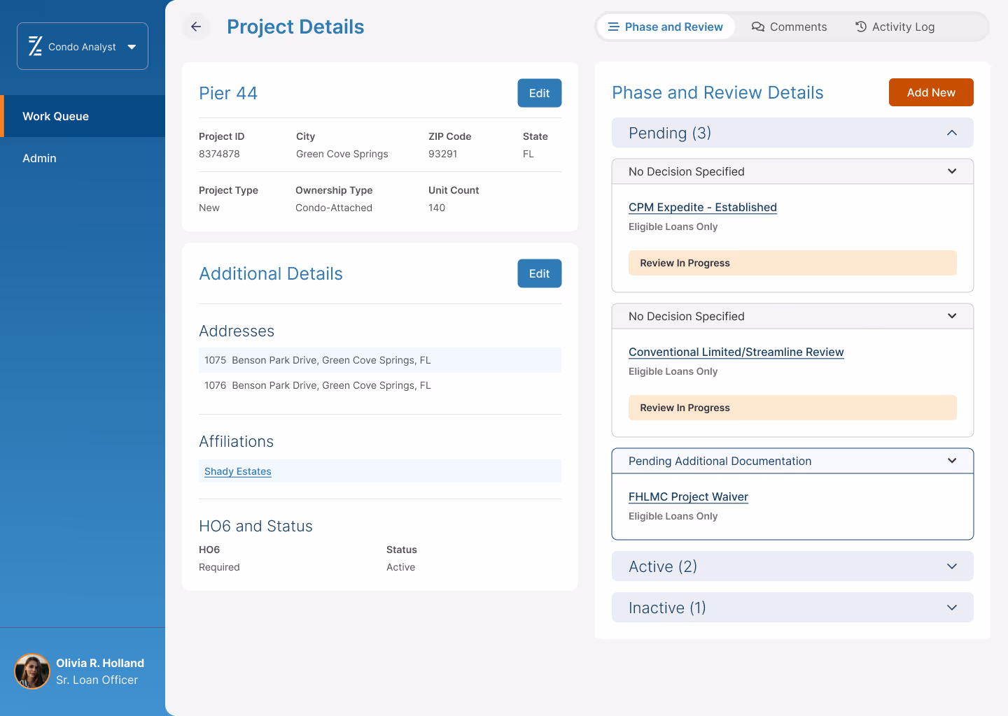 A screenshot of a pipeline management software built for condominium analysts, showing the details of a project.