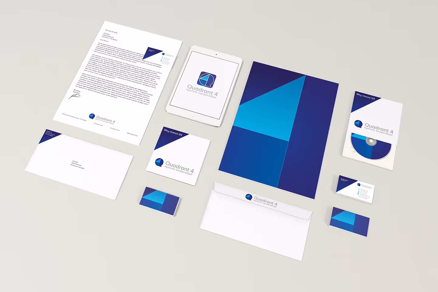 Stationery design for a company called "Quadrant 4 Systems Corporation."