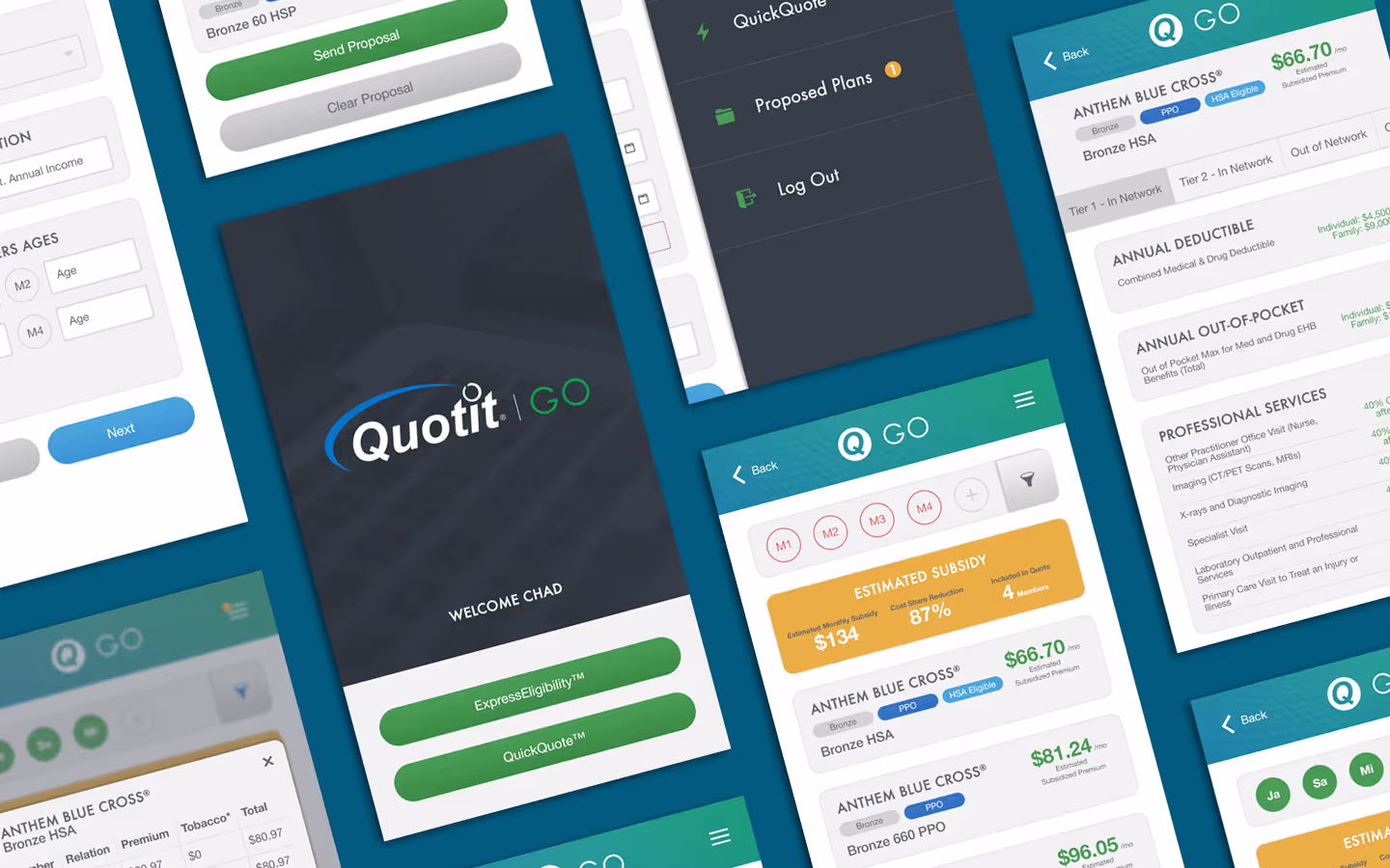 Screenshots of a healthcare marketplace application called "Quotit Go."