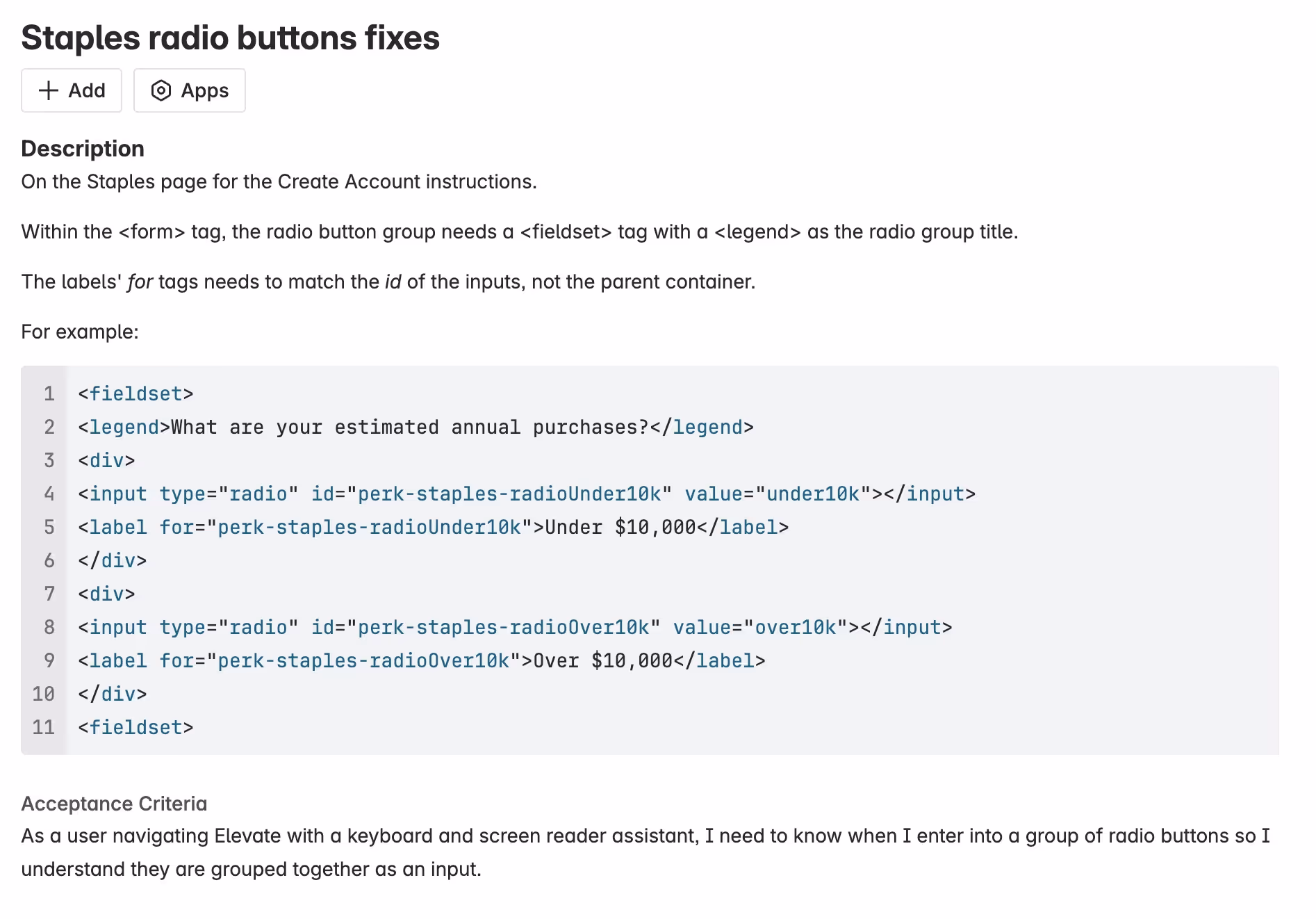 Details of one of the tasks created in Jira with example code of how to fix the issue.