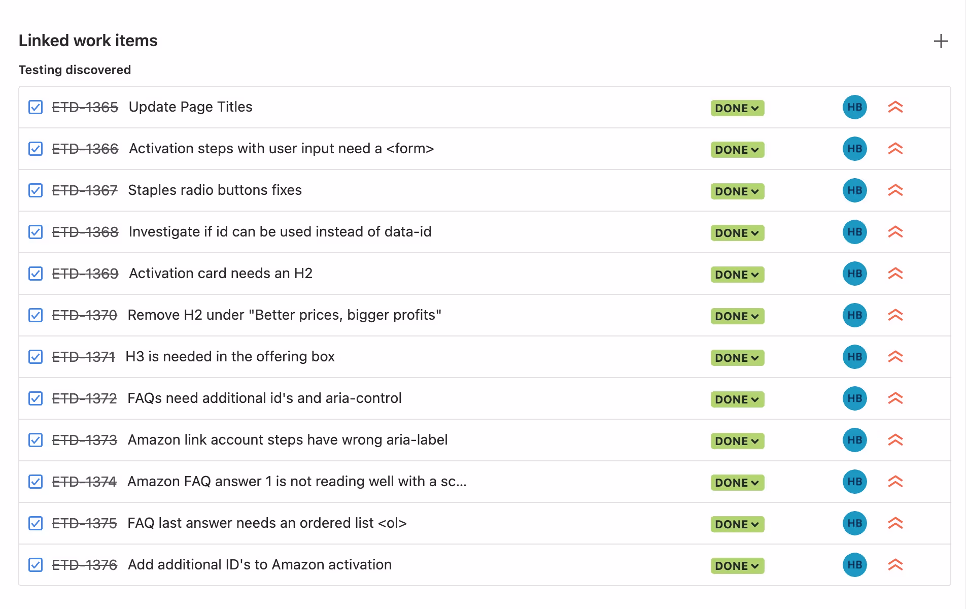Accessibility issues found during testing and recorded as tasks in Jira.