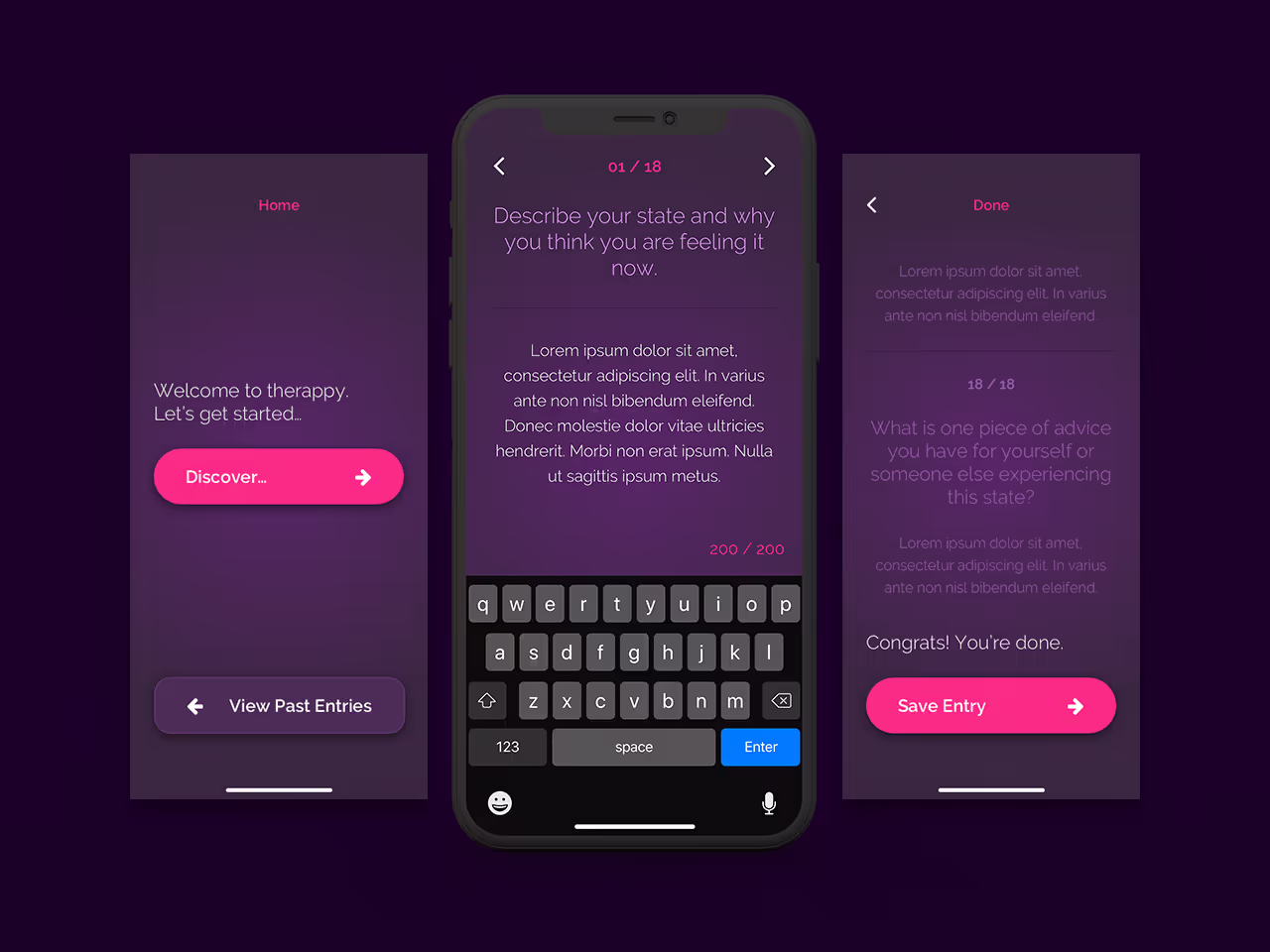 Screenshots of a mindfulness app for daily short form entries called "Therappy."