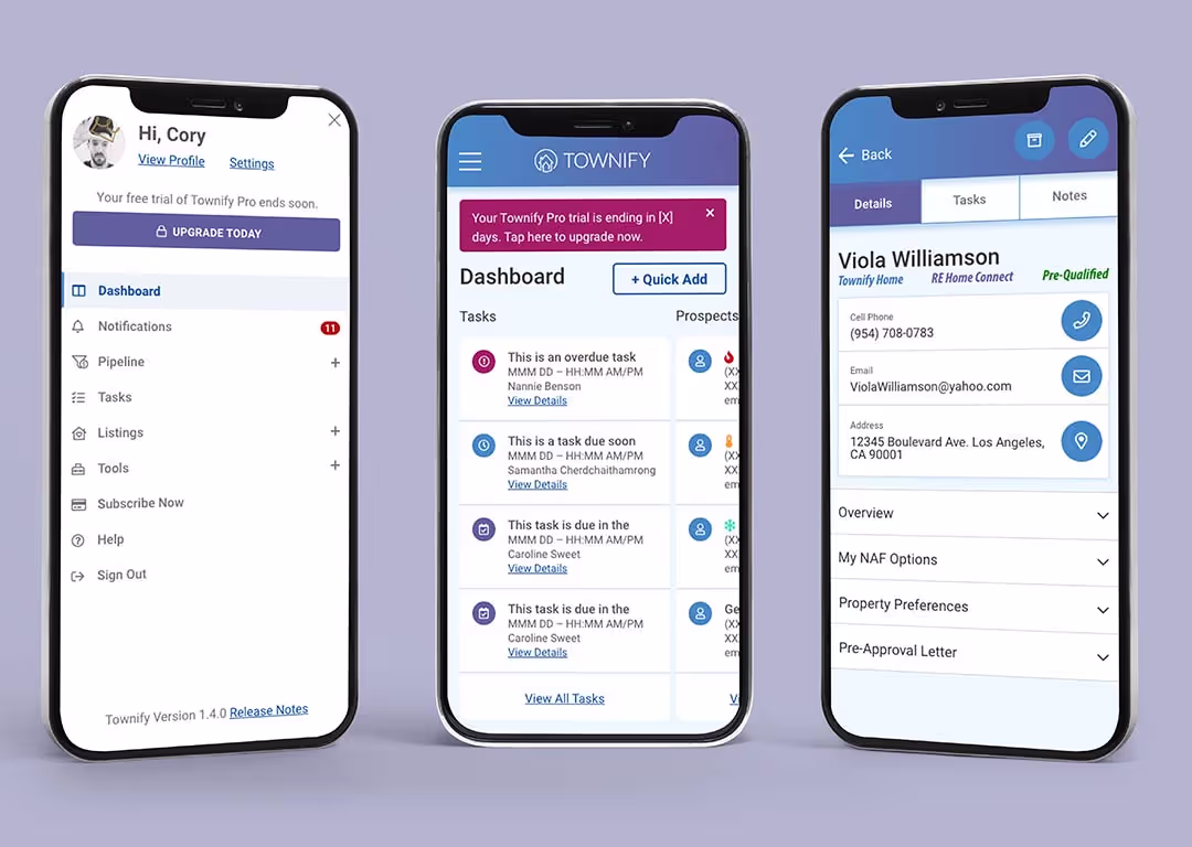 Mobile phones showing different screenshots for a real estate customer relationship management software called "Townify."
