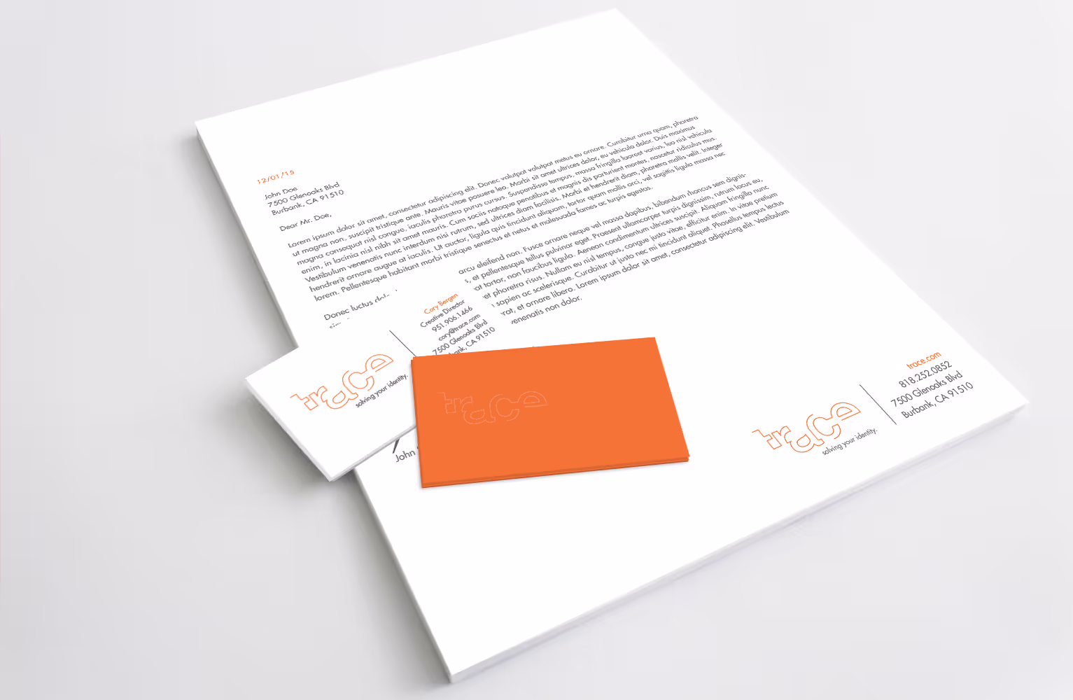 Logo and branding design for a company called "Trace," school project.