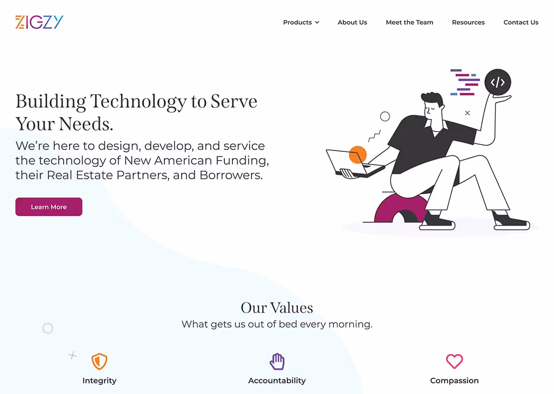 A screenshot of our marketing website home page for Zigzy.